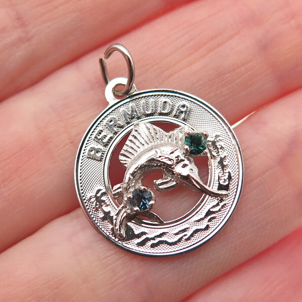 CREA 925 Sterling Silver Vintage Rhinestone Bermuda Swordfish Mini Charm Pendant